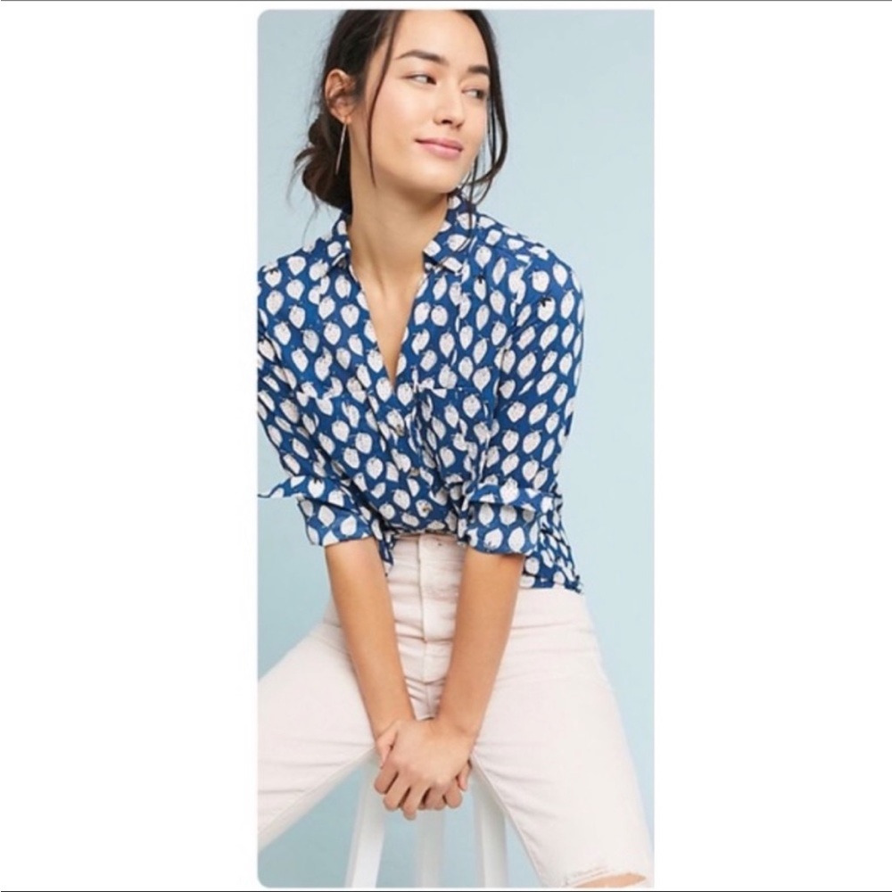 Maeve Anthropologie blue strawberry button blouse